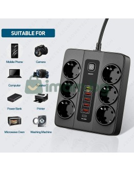 Разклонител с 6 гнезда 3.4А 4 USB Порта и 1 Type-c 3000W